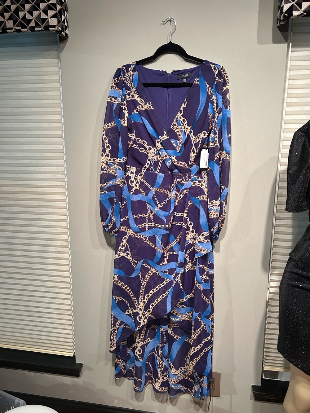 Guess Navy and Blue Chain-Print High-Low Wrap Dress